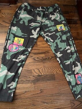Jeremy Scott x Adidas Camo Joggers with Neon Cartoon Patches - Waist 35-39